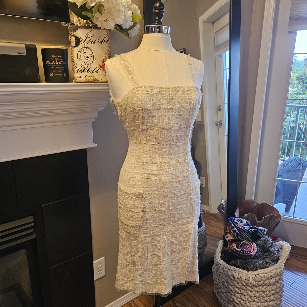 CHANEL Cream Tweed Midi Dress